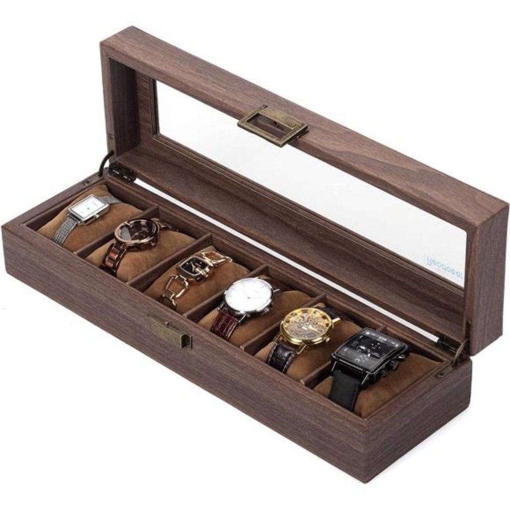 6 Slot PU Leather Watch Box Organizer Watch Case with Glass Top Luxury Watch Box
